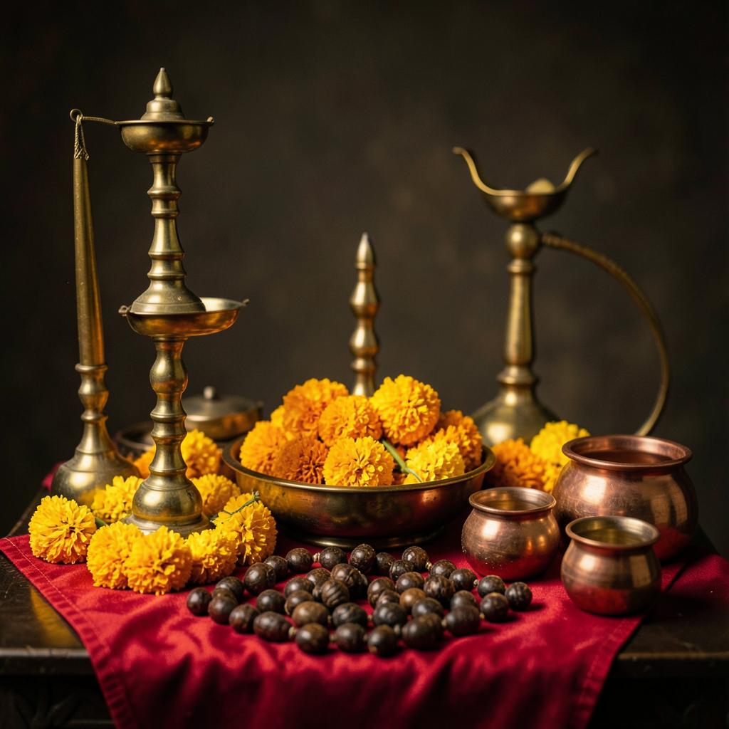 Traditional Indian altar with brass lamps, marigold flowers and rudraksha beads
