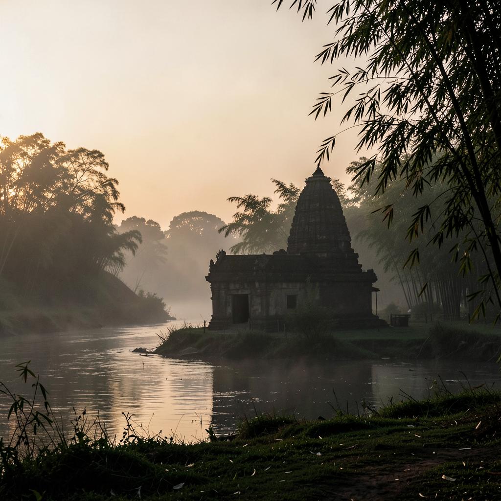 Old temple beside the river in the Mayong area of Assam at sunrise