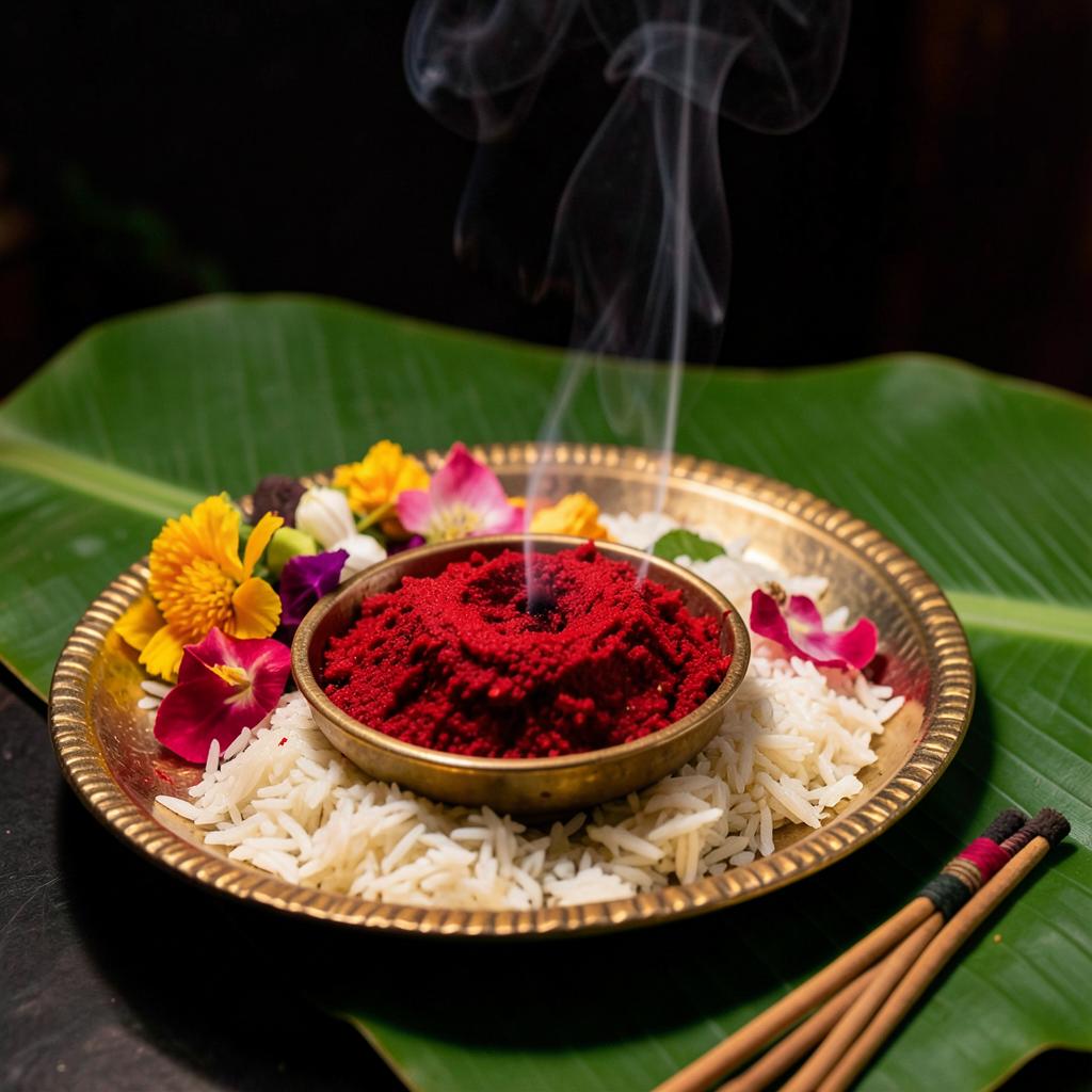 Traditional puja thali with vermilion, rice, flowers and incense