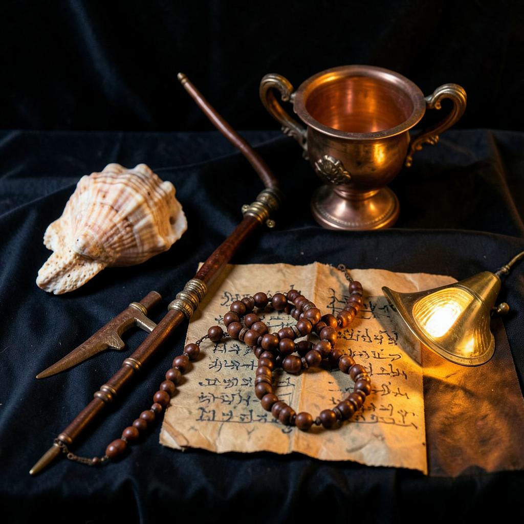 Traditional ritual objects: conch, trishul, copper kalash and rudraksha mala