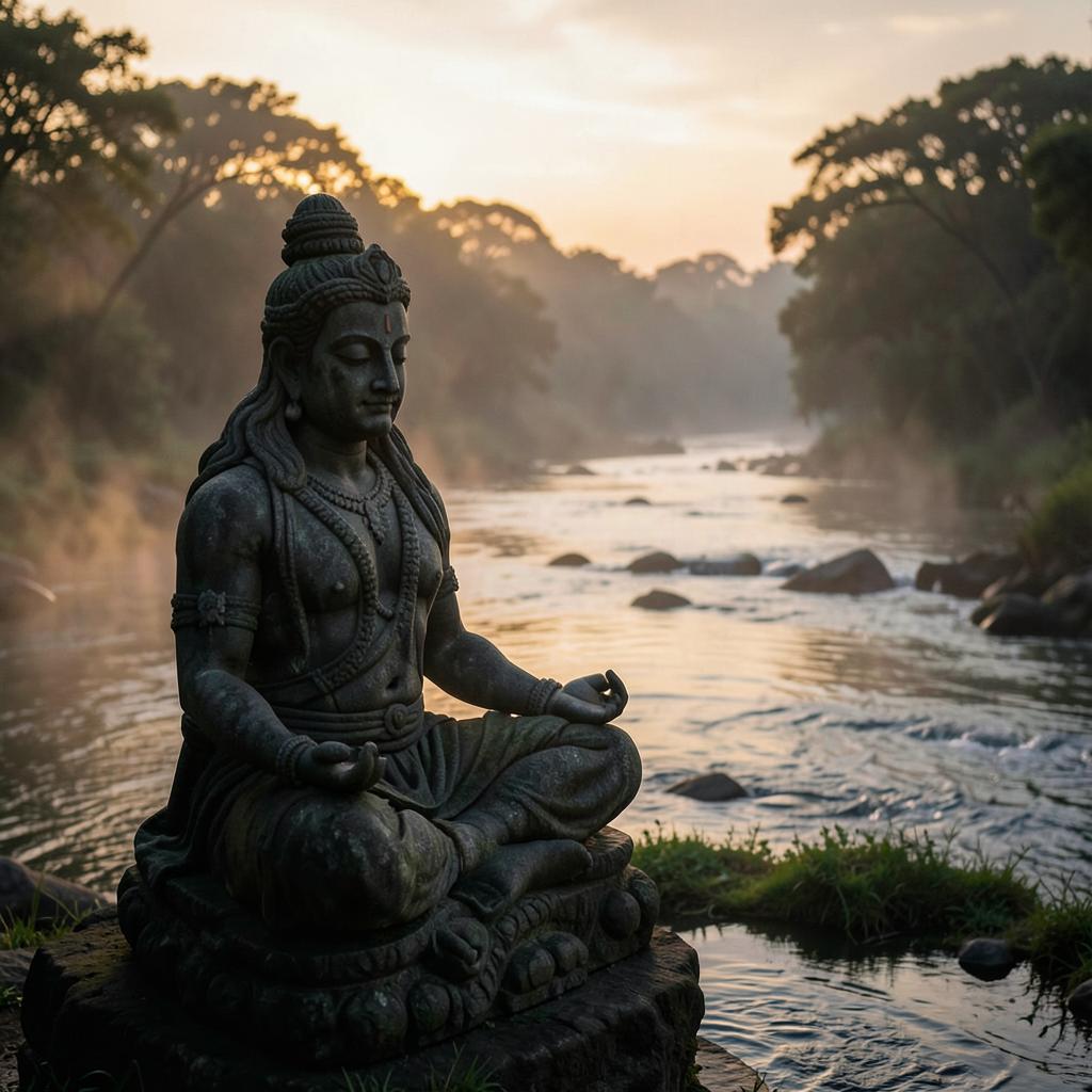 Stone Lord Shiva statue in meditation beside a misty river at dawn