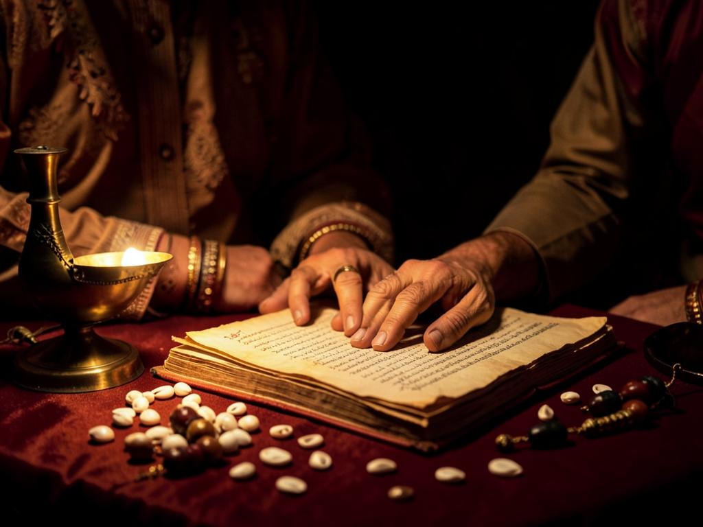 Traditional manuscript, brass lamp and ritual items during a consultation