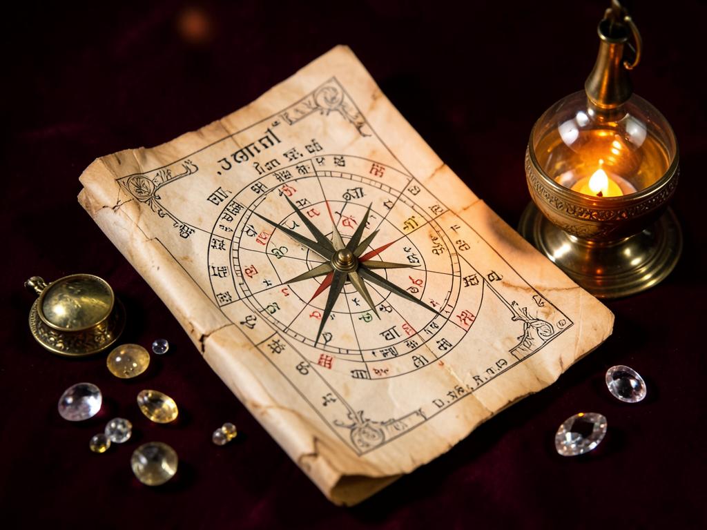 Hand-drawn jyotish astrology chart with brass lamp and gemstones